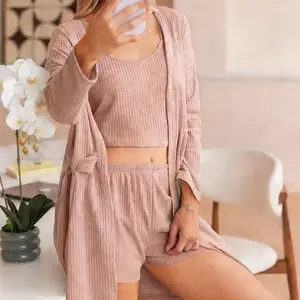 3PCS Women’s Pajama Set, Solid Color Stretch Casual Short-Length Outfit [Short Camisole + Shorts + Cover-Up] Everyday Wear Women’s Loungewear Apparel Set