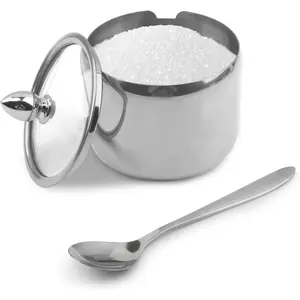 10oz Sugar Bowl with Clear Lid and Spoon Gold or Silver Stainless Steel Small Condiment Container for Home Bar Kitchen Storage Salt Candy Tea Spice Ghee Coffee Bean (Color:Silver)