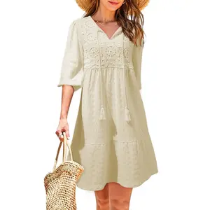 Dokotoo Womens Ladies Elegant Summer Dresses for Women 2026 Short Sleeve Crewneck Drawstring Embroidered Boho Dresses Loose Casual Mini Dresses