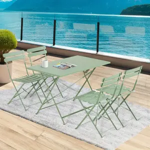 5-Piece Foldable Outdoor Bistro Set, Patio Dining Set with Rectangular Table and 4 Chairs, Weather-Resistant Iron Patio Dining Set for Garden, Yard, Balcony, Indoor/Outdoor Use, Green/Yellow/White