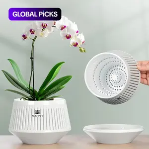 Flower pot with holes for changing pots, breathable and leak proof, 2-piece set (pot+tray), decorative orchid planter with air root trimming function, white plastic orchid container with tray #GLOBAL PICKS