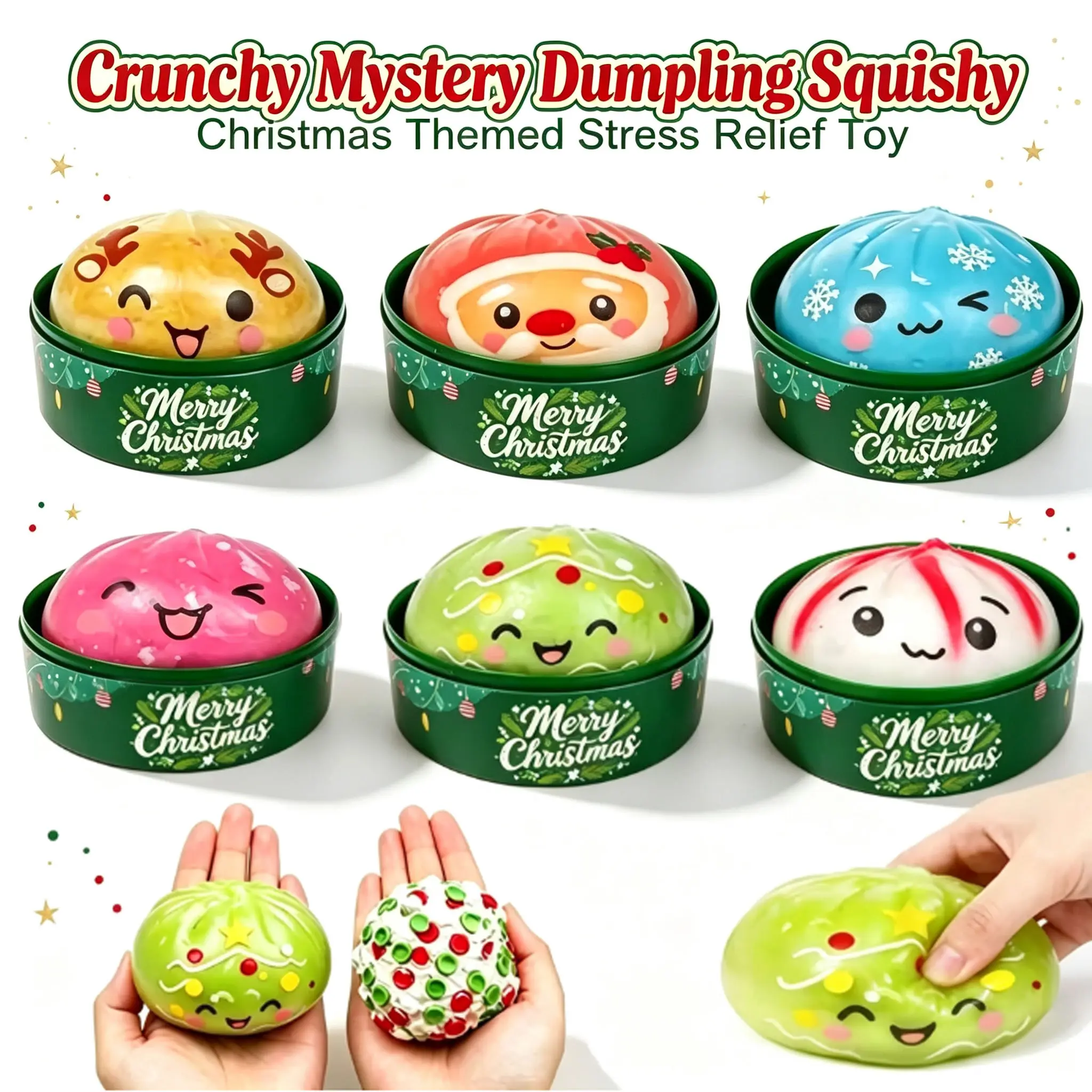 6Pcs Crunchy Sound ASMR Christmas Dumpling Squishy Toys Set, Cute Cartoon Dumpling Fidget Sensory Toys, Mystery Squeeze Stress Relief Toys Perfect for Christmas Holiday Gifts & Party Favors
