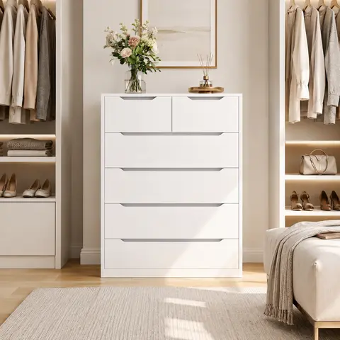 Raybee 6 Drawers Dresser for Bedroom, Modern Chest of Drawers, Black Dresser with Large Organizer, Deep Drawer and Smooth Metal Rail