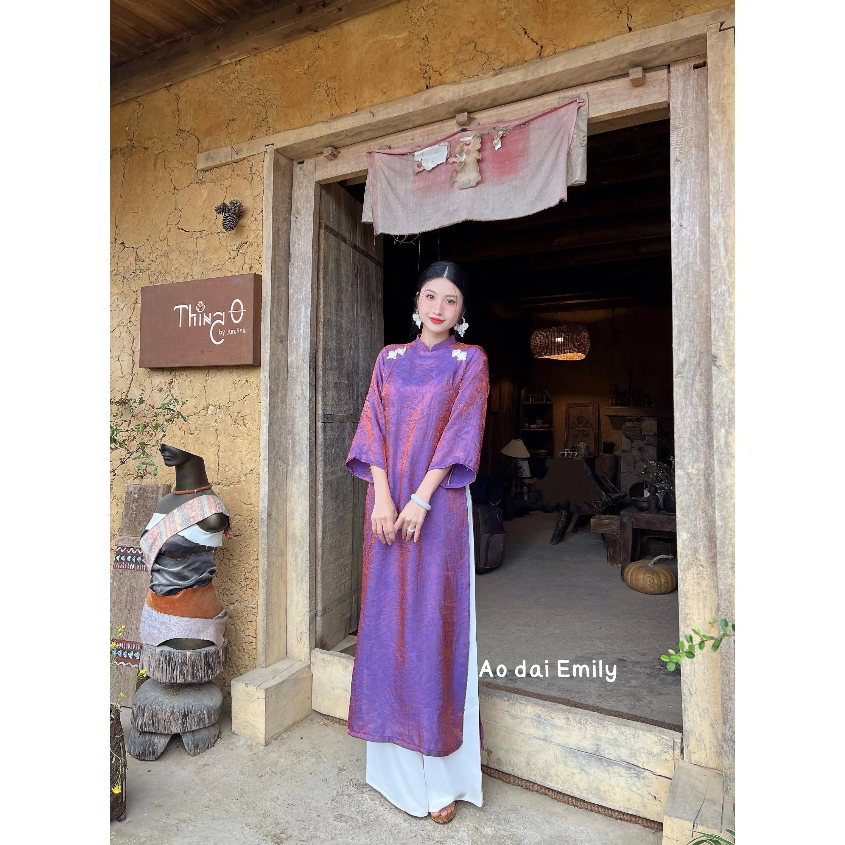Purple modern Loosing style ao dai with crystal buttons| Begonia