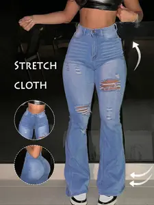 Sexy women's high-waisted ripped flared jeans, stretch jeans, blue jeans, ripped flared jeans, washed denim, Cotton, Viscose, versatile jeans, zip closure, suitable for all seasons, regular length, bell-bottom pants.
