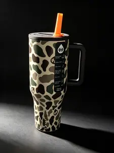 HydroJug 40oz Camo Leopard Print Tumbler with Handle and Straw, Insulated Stainless Steel Travel Mug, Leakproof Large Water Bottle with Camouflage Cheetah Pattern, BPA-Free Double Wall Vacuum Cup Keeps Ice Cold 24H, Car Cup Holder Friendly