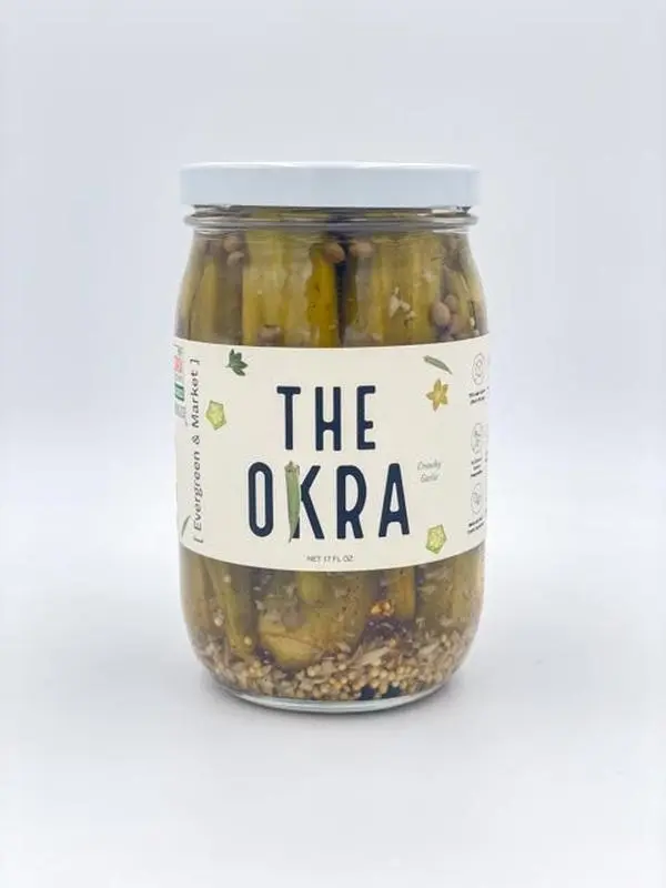 Evergreen and Market Southern Pickled Okra 17 oz Glass Jar Crisp Tangy Flavor Ideal for Snacks Cocktails and Elegant Gatherings