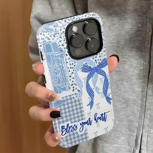 Blue Leopard Bow Pattern Phone Case, Shockproof Rugged Cover Dual Layer Soft TPU Hard Bumper Hard Shell for iPhone 11 12 13 14 15 16 17 Pro Max Plus Air 7 8 X XR