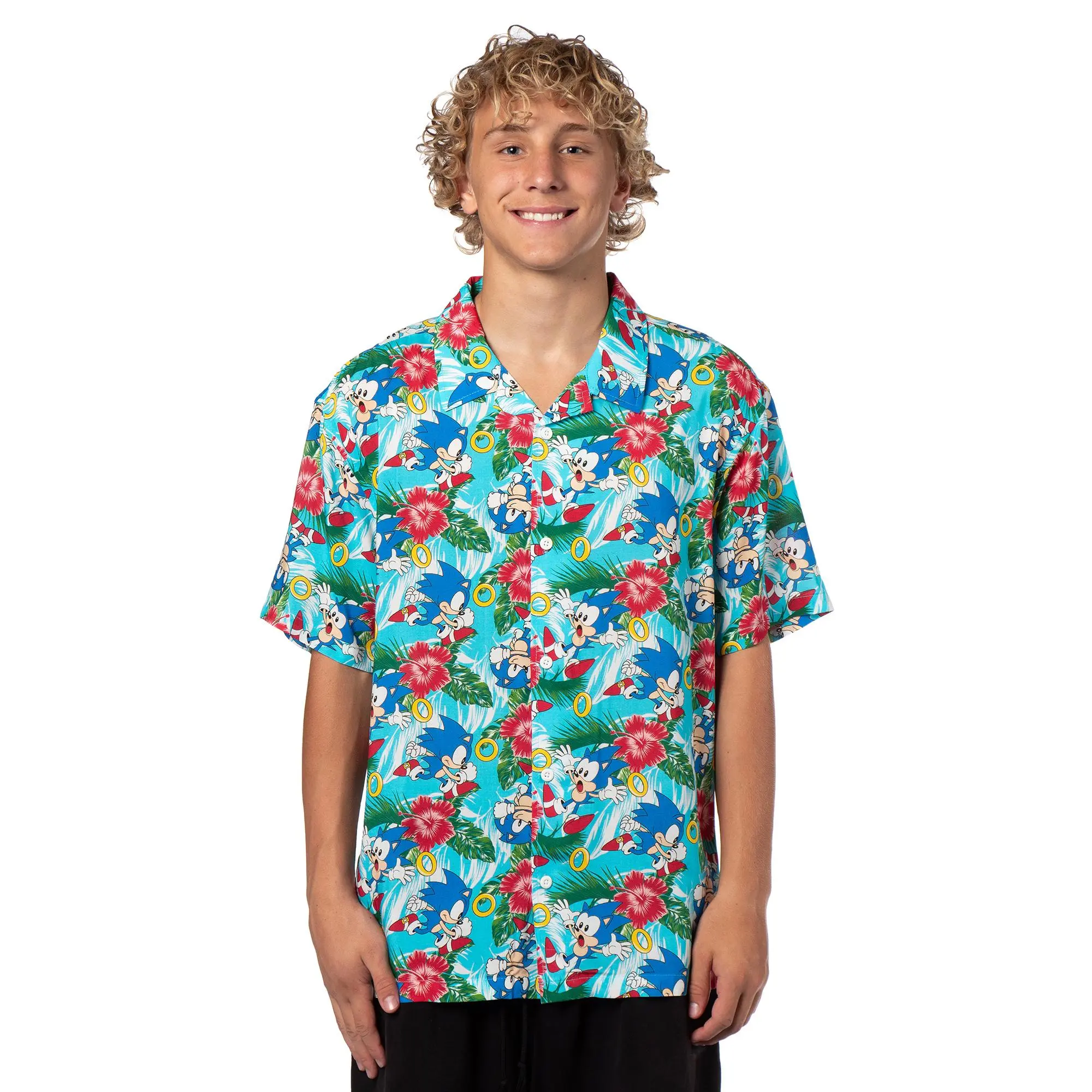 Sonic the Hedgehog Men's Hawaiian Floral Character Design Button-Up Woven Shirt