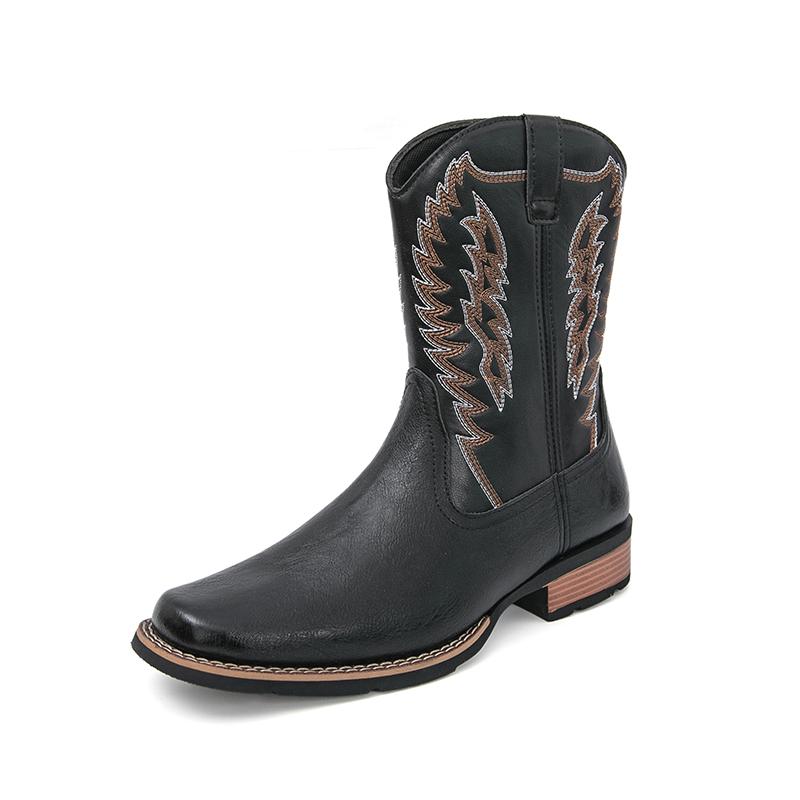 Men's West Wind Resilient Western Boots, Wide Square Toe Cowboy Leather Boots with Snow Feathers Embroidery, Anti-Slip Soft Firm Soles, Classic Western Fashion Footwear for Work, Riding & Daily Walking,mid-calf men,holiday boots