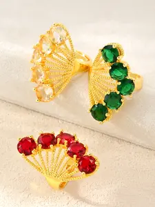 Elegant Peacock Feather Fan Ring, Copper Material with 18k Plating, Multicolor Gemstone Ring, Adjustable, Perfect for Parties and Weddings