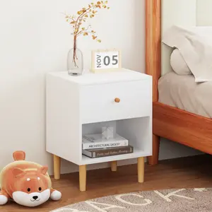 23.22"H White Wooden Nightstand - 1 Drawer & 1 Shelf, Sturdy MDF/Pine Legs, 40LBS Top/Shelf & 15LBS Drawer Capacity, for Kids & Adults