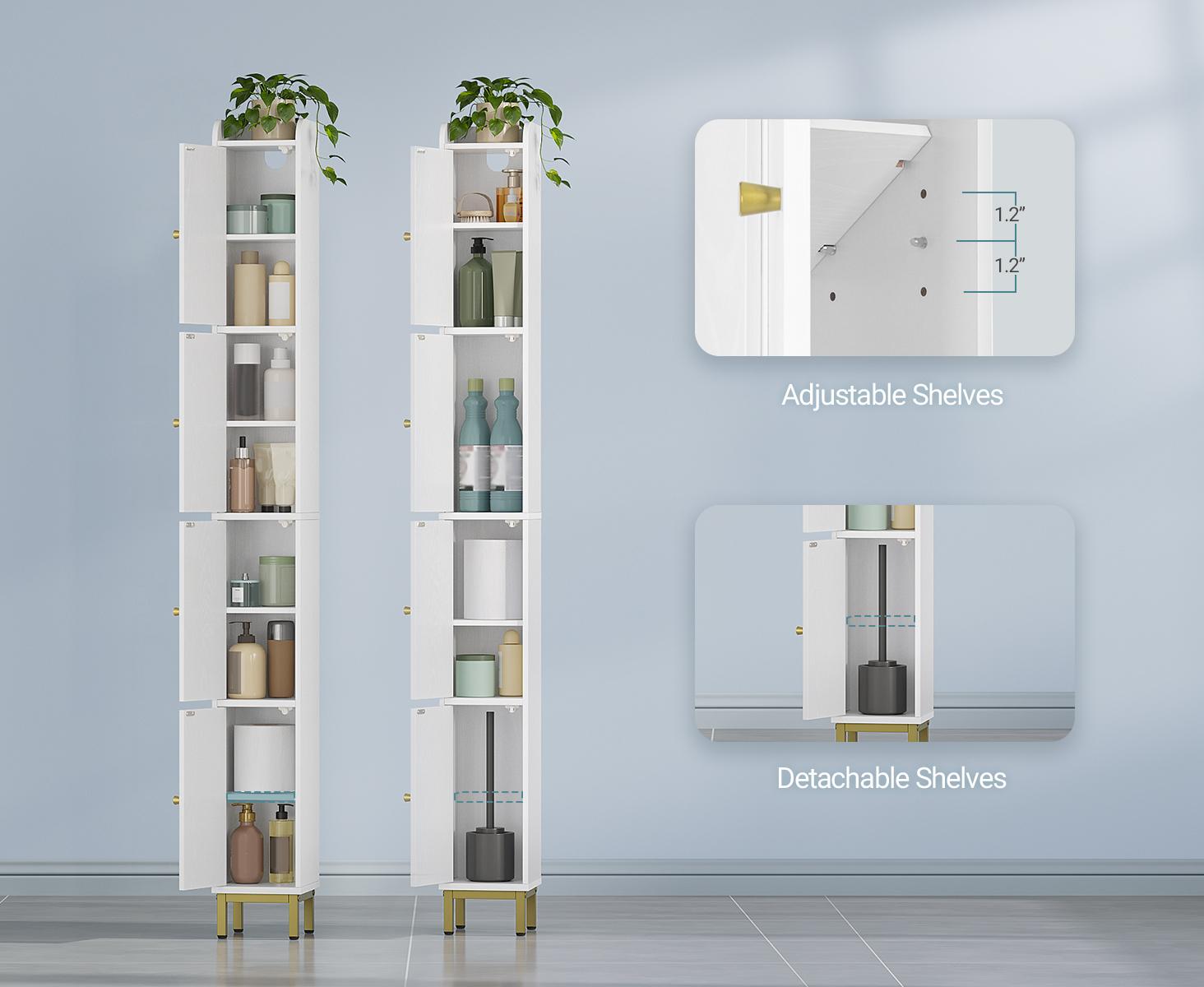 Hzuaneri 4-Tier Narrow Tall Interior Storage Cabinet, 7.9x7.9x70.9" Slim Bathroom Floor Unit with 4 Adjustable Feet, Shelves & Compartments, Space-Saving Organizer for Small Bathrooms, Kitchen, Interior Storage Furniture