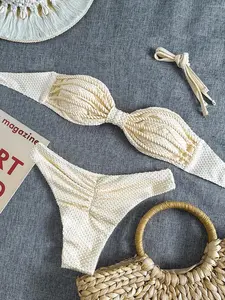 HIBOMARI 2pcs Set Solid Color Rope Decor Bandeau Bikini Top And High Cut Bottoms Sexy Swimsuit Set Crochet Bikini