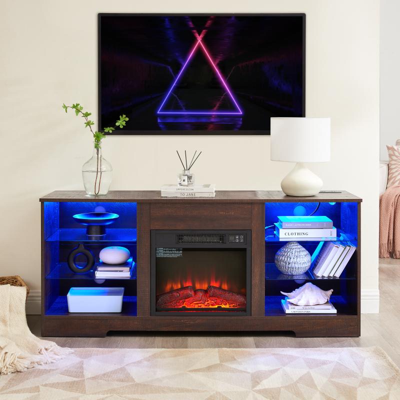 [Bellemave]TV Stand Electric Fireplace TV Stand with Glass Shelves, 3D Fireplace TV Stand with LED Lights Wood with USB Charging Outlet Modern Television Table Center for TV up to 32-62" ESP 58''W*15.5''D*24.4