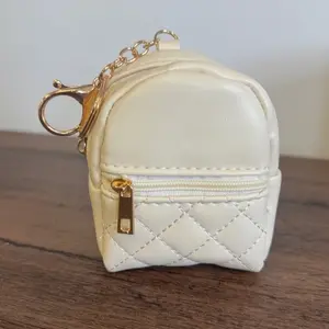 FabD Beauty Mini Backpack W Keychain - Cream Quilted Design with Gold Accents and Zipper Closure