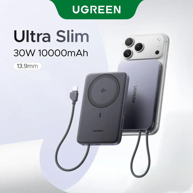 UGREEN Magflow Air Qi2 Magnetic Power Bank 10000mAh, 15W Wireless Portable Charger with Built-in USB-C Cable, 30W Fast Charging Battery Pack,MagSafe Compatible for iPhone 17/16/15/14 Pro Max,Summer Sale