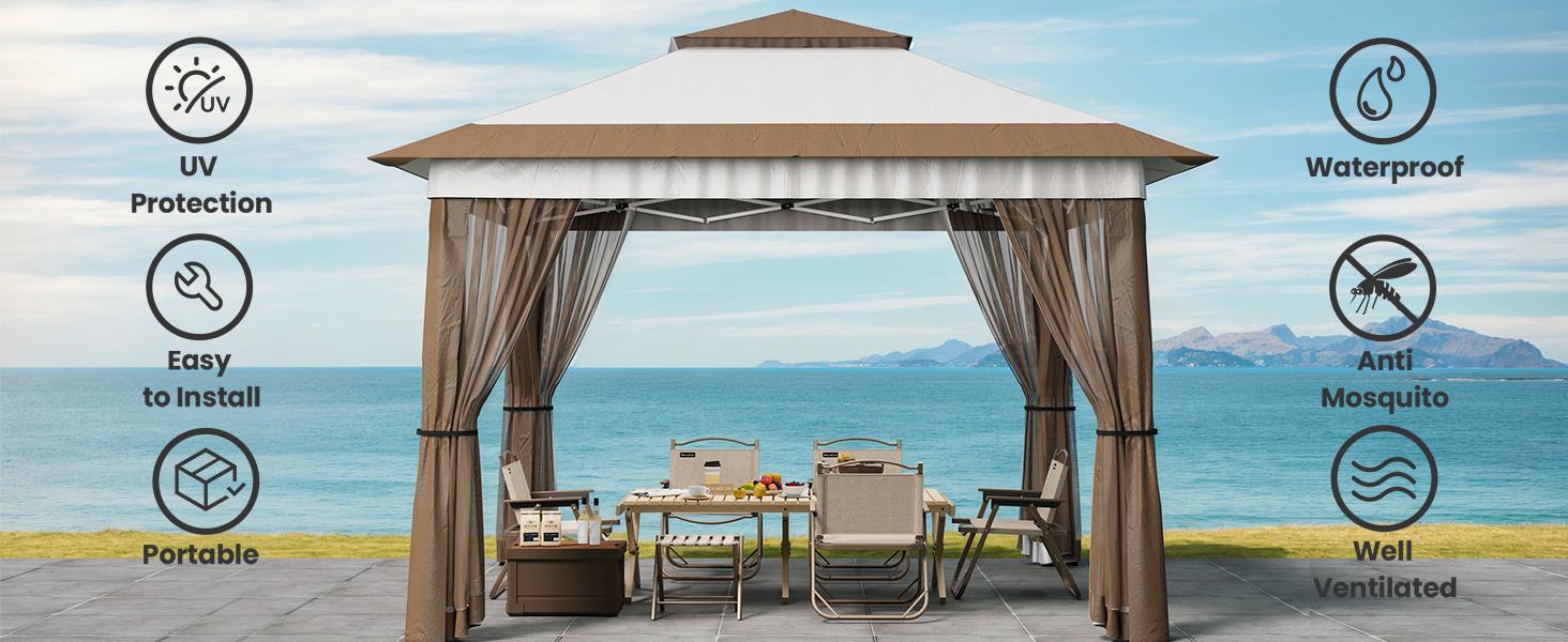 Gizoon 11x11 & 13x13 Pop Up Gazebo Tent with Mosquito Netting Instant Gazebo Party Tent with Roller Bag Pop Up Canopy Tent for Parties Patio Lawn Backyard Garden Deck