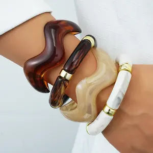 4Pcs Tortoiseshell Acrylic Bangle Bracelet Set for Women, 18K Gold Plated Wavy Cuff Bamboo Joint Stackable Bangles, Hypoallergenic Lightweight Summer Vacation Ins Trendy Fashion Jewelry