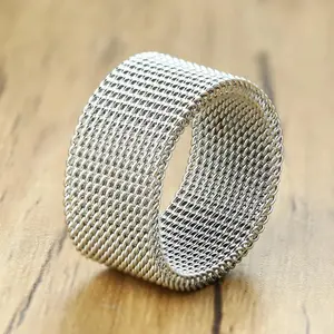 10mm Black Circle Metal Mesh Rings, High-Quality Stainless Steel Flexible Wedding Band for Men's Fashion Jewelry