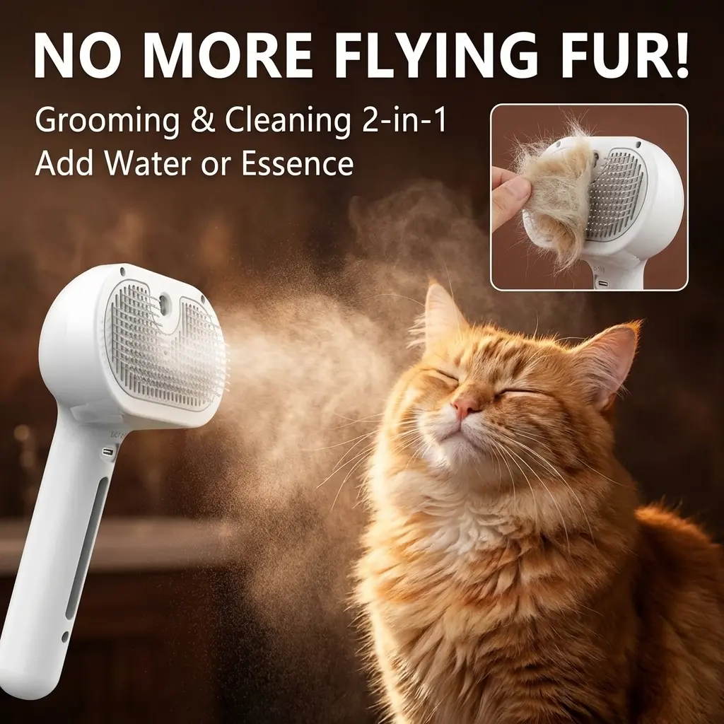 Say Goodbye to Flying Fur! 3-in-1 Steamy Pet Brush & Water Spray Comb