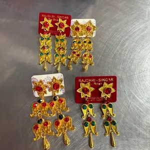 Gold Plated Yarling Nepali Culture Earrings with Red & Green Gemstones Rajshri Singar Brand