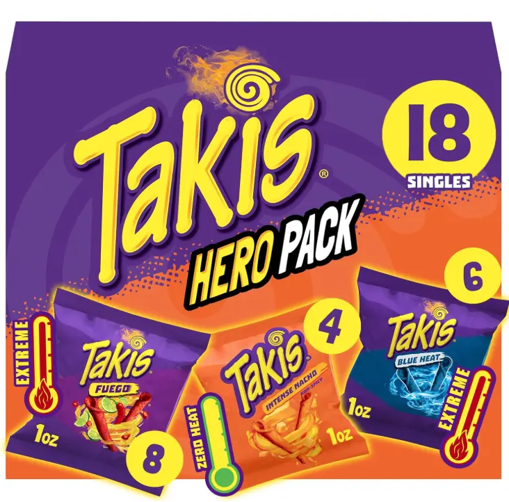Takis 18 pc / 1 oz Hero Variety Pack, Assorted Flavored Mixed Rolled Tortilla Chips – (8) Fuego, (6) Blue Heat, (4) Intense Nacho