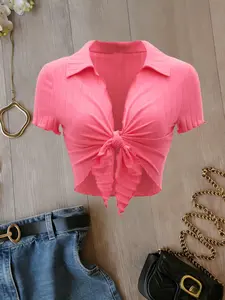 Women's Solid Color Bow Short Top, New Stand Collar Knit Cardigan, Slim Fit, Stylish and Comfortable, Perfect for Casual Wear, Knitwear