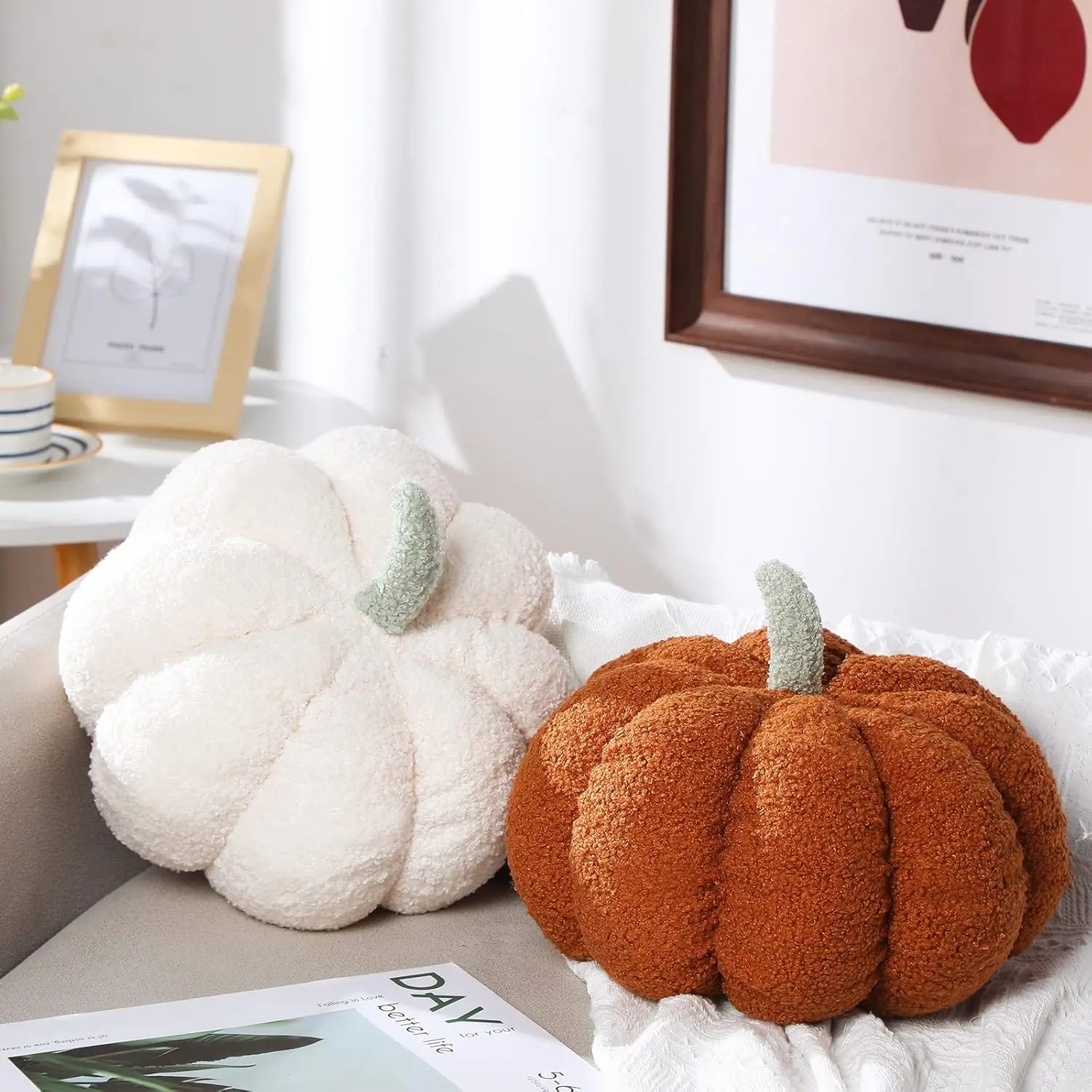 2 Pcs 3D Pumpkin Pillow Fall Decor Cushions | 11 X 9.5 Inch Stuffed Fall Throw Pillows, Room & Bedroom Home Decor for Fall Halloween Thanksgiving Sofa Couch Kajaia