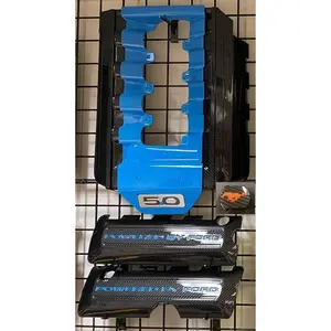 Mustang 5.0 Coil Cover Set & Engine Cover. Carbon Fiber With Painted Lettering In Kona Blue
