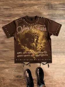 Saint Tears Logo Short Sleeve Jesus Print Loose Fit T-Shirt Men's, European & American Streetwear Casual Trendy Brand Men's 2026 New Arrival Ripped Summer T-Shirt Christian Coffee-Colored Shirt T-Shirt Unisex Short Sleeve American Vintage