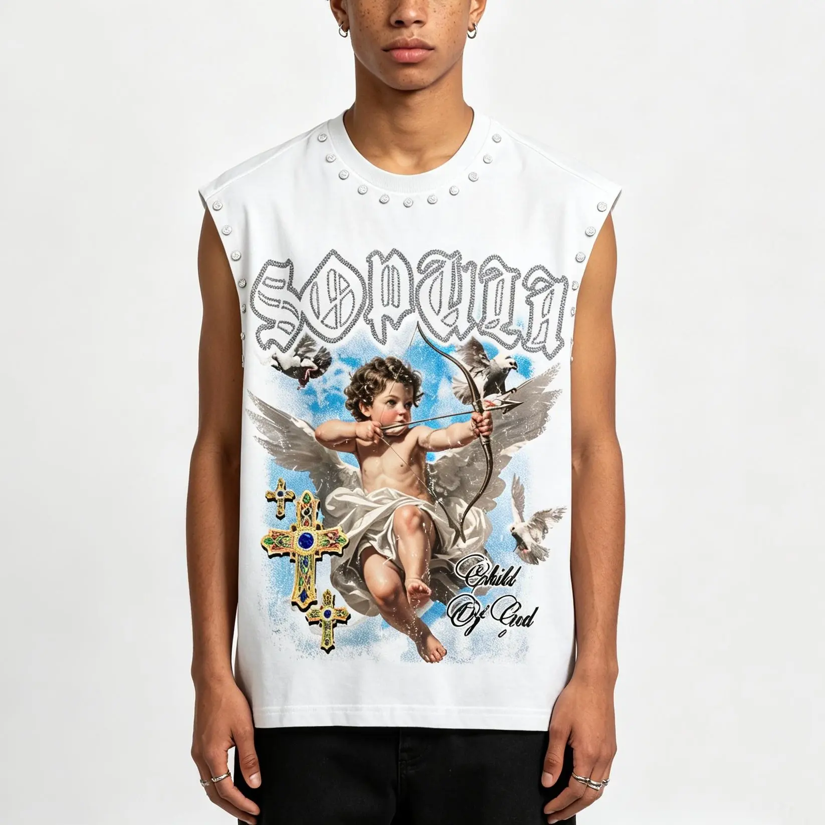 Sopula Studio Men's Retro Angel Cross Rhinestone Tank Vest - Mens Clothing, Tank Tops, Large Graphic Vests, Sleeveless Menswear