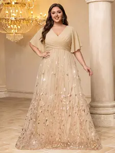 Plus Size V Neck Ruffle Sleeve Cross Front Waist Cinch Mesh Embroidery Patchwork Floor-Length Bridesmaid Dinner Dress