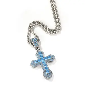 Blue Zircon Cross Men's Necklace Heavy Punk, Christian Faith Gift, Anti-fading Bible Prayer Pendant, All-season Accessories, Fashion Statement Jewelry, A Must-have for Jewelry Lovers