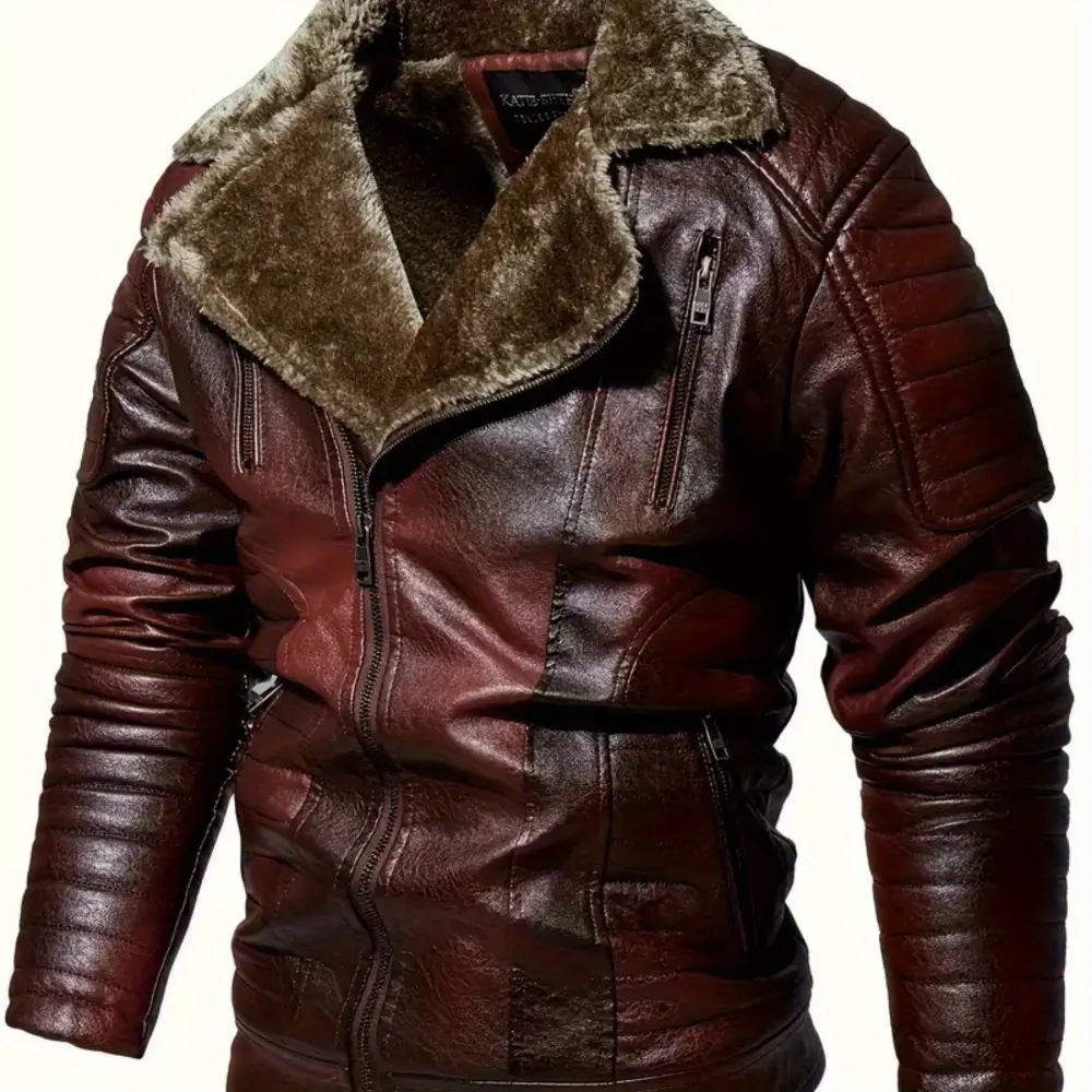 Warm Fleece Classic Design PU Bomber Jacket Men's Casual Zip Up Lapel Faux Leather Jacket for Fall Winter Coats Outfit Fitted Long Sleeve Medium Length Stylish Menswear