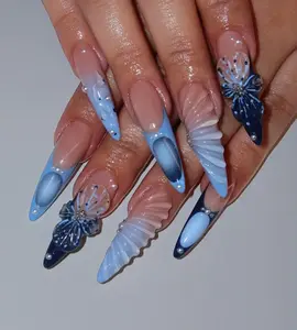 Blue French Tip Flower Press On Nails, Hand Painted Long Summer Nails, Acrylic Fake Nails For Holiday, Event