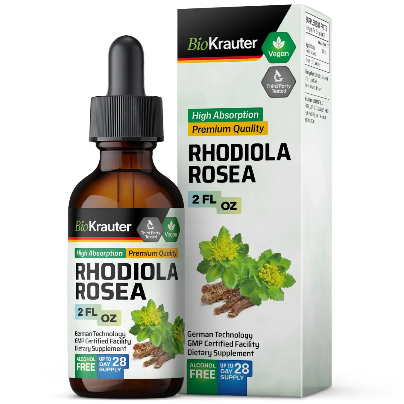 BioKrauter Rhodiola Rosea Tincture High Absorption Premium Quality Vegan US Certified Relaxation Support