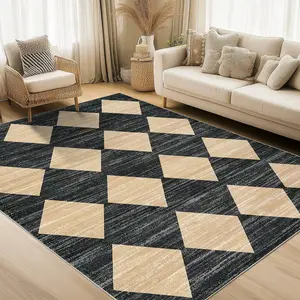 Machine Washable Area Rugs for Living Room, Checkered Rug Non Slip Soft Low Pile Farmhouse Geometric Modern Neutral Rugs for Bedroom, Large Carpet for Dining Room Farmhouse