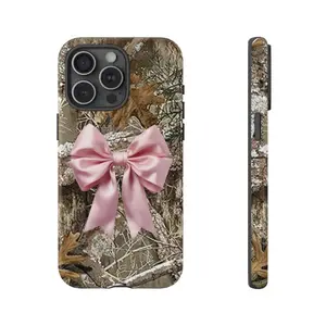 [Y2K VIBE] Glitter Pink Camo Coquette iPhone Case + 5 FREE Stickers - Pink Bow Aesthetic Dual Shell - Premium 2-Piece Shockproof Tough Case for iPhone 17 16 15 14 13 12 11 Pro Max Plus X XR