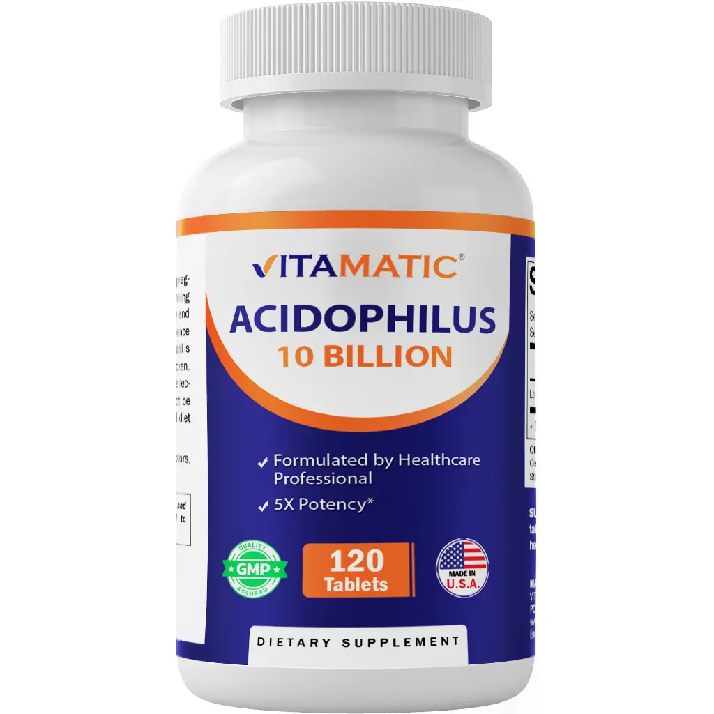 Vitamatic Acidophilus Probiotic - 10 Billion CFU - 5X Potency - Daily Probiotic Supplement, Supports Digestive Health - 120 Tablets Vitamatic Acidophilus Probiotic - 10 Billion CFU - 5X Potency - Daily Probiotic Supplement, Supports Digestive Health - 120 Tablets