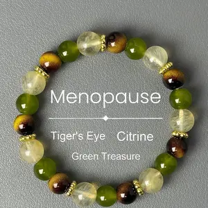 Natural Tiger's Eye & Citrine (Green Treasure) Beads Menopause Balancing Bracelet - Bohemian with 8mm Stone Beads, Hot Flash, Natural Gift for Menopause Symptoms, Year-Round Wear