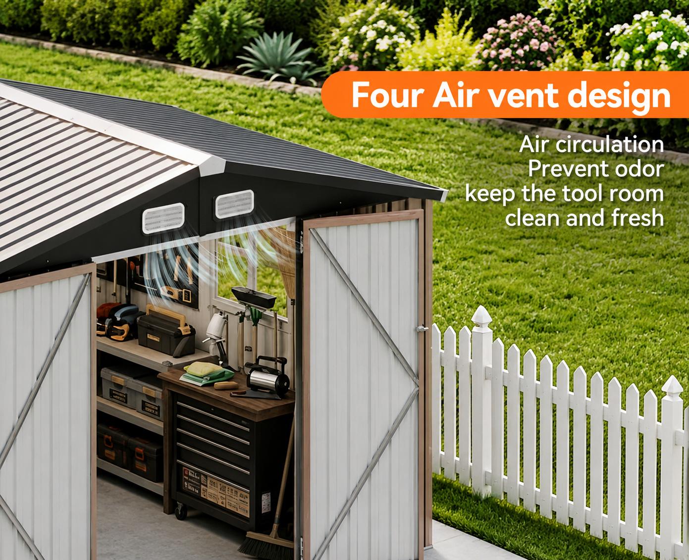 Jolydale Outdoor Storage Shed Metal Lean to Sheds withGazebo,Open Firewood Storage,Garden Shed with LockableDoors,Sloped Roof,Windows, 2 in 1 Large Tool Shed forPatio. Backvard. Lawn