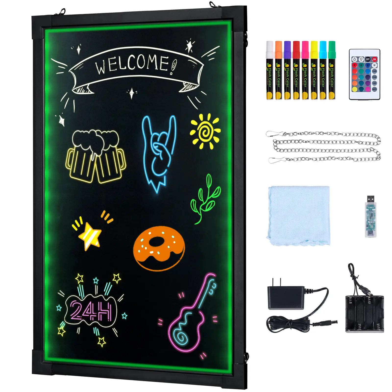 LED Message Writing Board, 16"x12" Illuminated Erasable Lighted Chalkboard, Neon Effect Menu Sign Board, Drawing Board with 8 Fluorescent Chalk Markers and Remote Control, for Home Wedding Shop