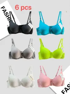 01 konga 6-Pack Assorted Colors Ultra-Soft Seamless Push-Up Bras, Comfortable Everyday Supportive T-Shirt Bras For Women, Elegant Style Versatile Value Set With Breathable Cups
