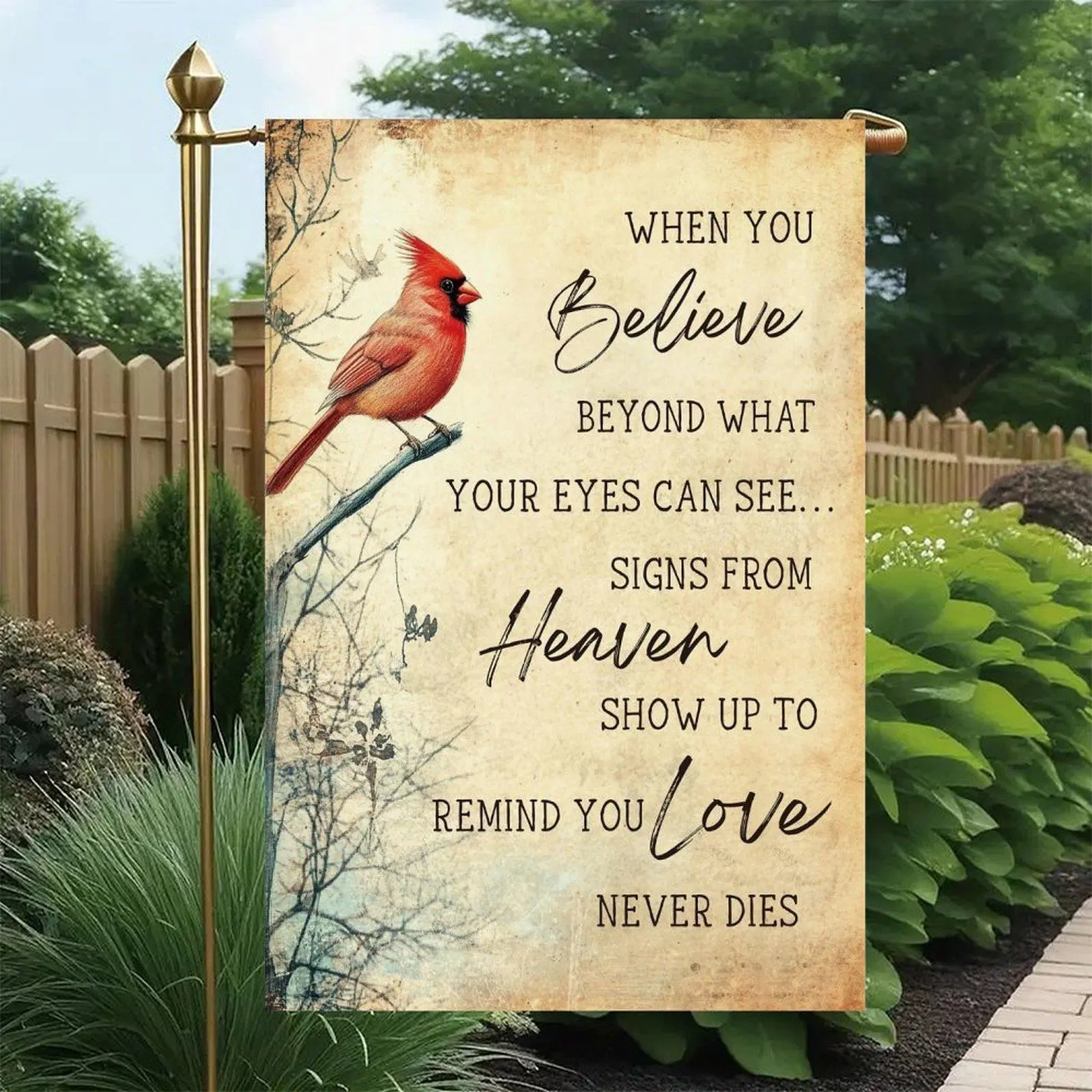 Vintage Parchment Background Red Cardinal Sympathy Heaven Love Quote Remembrance Garden Flag Double-Sided 12x18in, Gentle Memorial Porch Lawn Sign