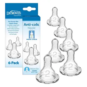 Dr. Brown’s Natural Flow Level 2 Narrow Baby Bottle Silicone Nipple Medium Flow 3m+ 100% Silicone 6 Count Anti-Colic Vent System BPA Free