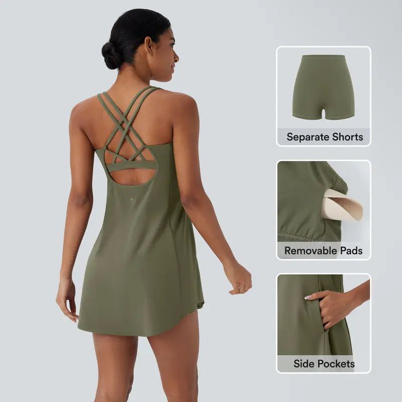 Halara Softlyzero Plush Backless Crisscross Cut Out Side Pocket 2-Piece Mini Yoga Active Dress