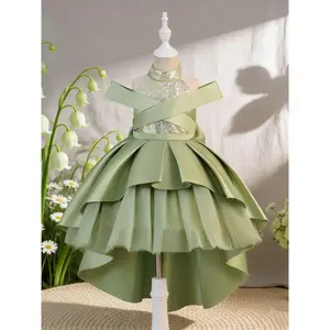 Sequins Childrens Bow Mesh Ball Gown Fashion Show Junior Host Piano Birthday Party Performance Banquet Evening Dress