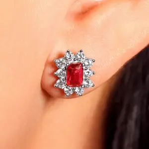 Sterling Silver Rectangle Red Gemstone with Sunburst CZs Stud Earrings