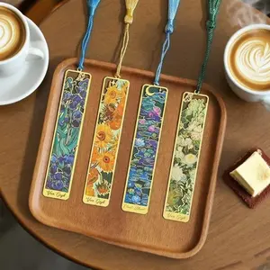 4 pieces of vintage floral metal bookmarks with tassels, Book Accessories - Art Masterpiece Metal Bookmark Set, featuring reproductions of Van Gogh irises, and Monet water lilies. The tassel embellishment exudes a literary quality